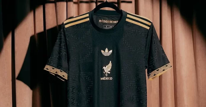 Jersey selección mexicana 2025 diseñada por Adidas, inspirada en el cine de oro mexicano, con detalles en dorado y negro.