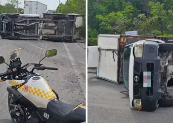 Vuelca camión en Avenida Huayacán y causa caos vial