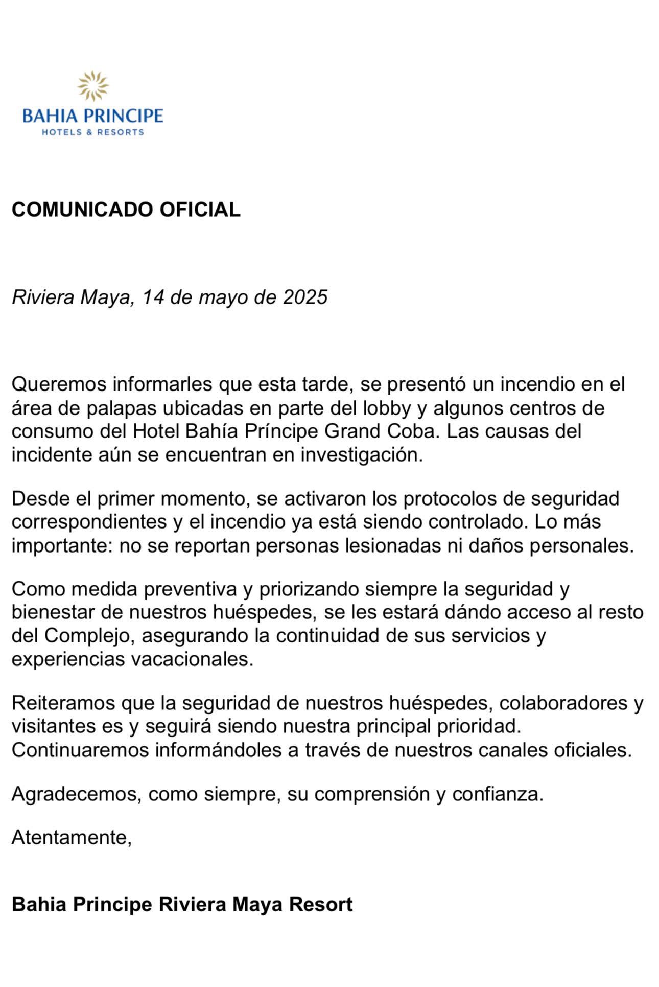 Hotel Bahía Príncipe envía comunicado para aclarar incendio