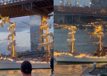 Buque Escuela Cuauhtémoc choca contra el puente de Brooklyn en Nueva York