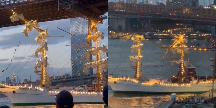 Buque Escuela Cuauhtémoc choca contra el puente de Brooklyn en Nueva York