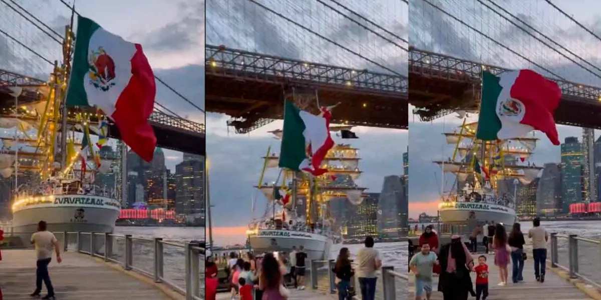 Buque Escuela Cuauhtémoc choca contra el puente de Brooklyn en Nueva York