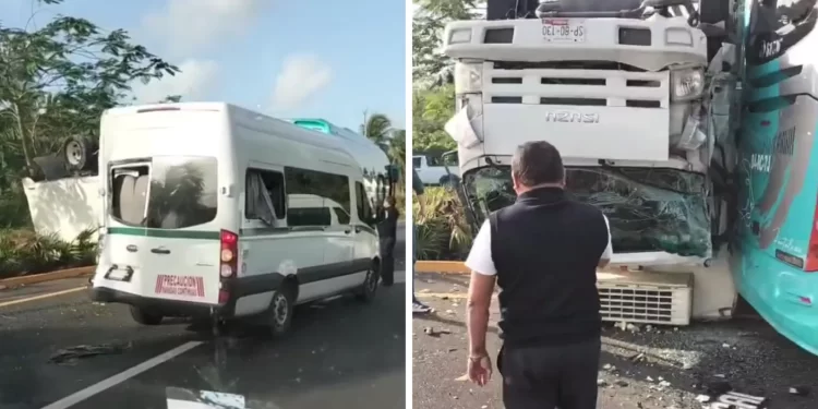 Volcadura en Cancún-Playa frente a Vidanta causa caos vial