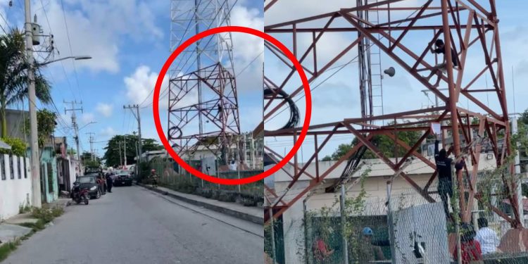 Joven escapó de un anexo en Cancún y sube a torre de luz
