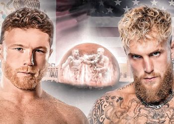 Canelo Álvarez y Jake Paul frente a frente en una promoción de pelea.
