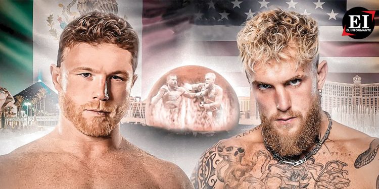 Canelo Álvarez y Jake Paul frente a frente en una promoción de pelea.