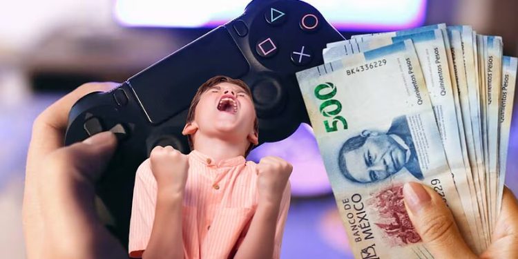 Niño celebra mientras sostiene un control de videojuegos y billetes de 500 pesos mexicanos, simbolizando el impacto del nuevo impuesto a los videojuegos.