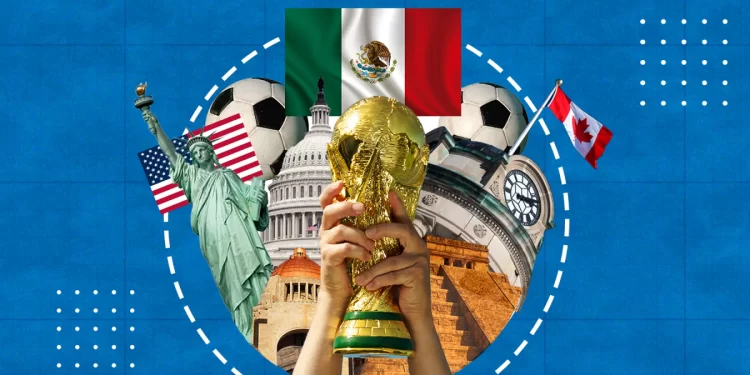 Copa del Mundo con banderas de México, Estados Unidos y Canadá, sedes del Mundial 2026.