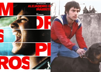 Póster conmemorativo del 25 aniversario de Amores Perros junto a una escena de Gael García Bernal con su perro en la película.