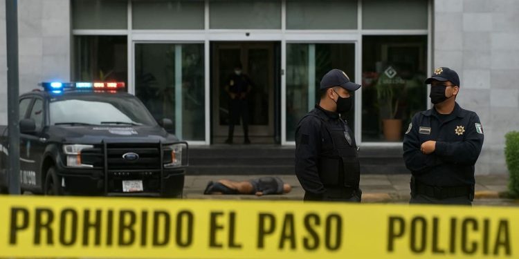Policías resguardan la entrada de la Ciudad Judicial tras el asesinato del abogado David Cohen en CDMX.