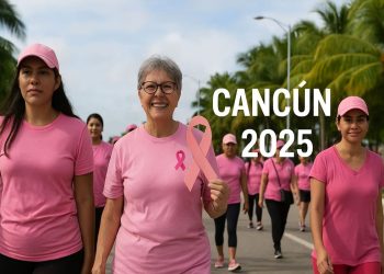 Mujeres participan en la Brigada Rosa en Cancún durante el mes de octubre para prevenir el cáncer de mama.