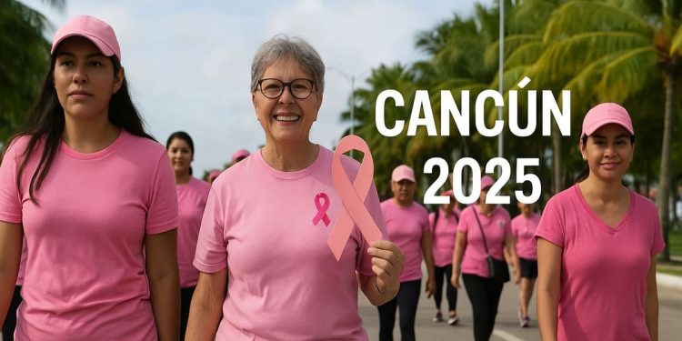 Mujeres participan en la Brigada Rosa en Cancún durante el mes de octubre para prevenir el cáncer de mama.
