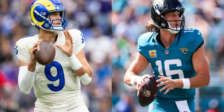 Quarterbacks de los Rams y Jaguars preparándose para lanzar el balón antes del juego internacional en Londres de la NFL 2025.