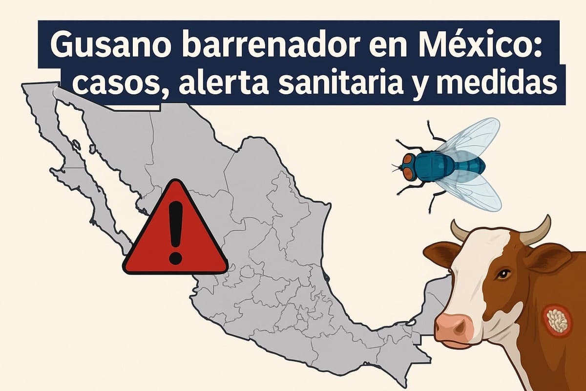 Mapa de México mostrando regiones afectadas por el gusano barrenador, con ilustración de mosca y vaca como símbolo de la alerta sanitaria.