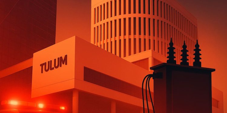 Vista del edificio Tulum Center en Cancún con luces de emergencia encendidas, representando un incidente controlado en su subestación eléctrica.