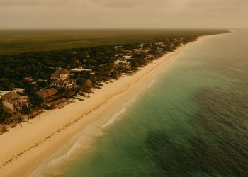 Vista aérea de Tulum con playas vacías y hoteles frente al mar Caribe, reflejando la baja afluencia turística en 2025.