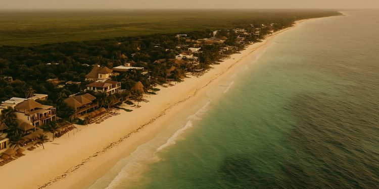 Vista aérea de Tulum con playas vacías y hoteles frente al mar Caribe, reflejando la baja afluencia turística en 2025.