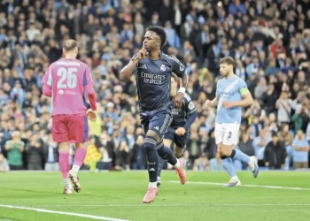 Vinicius celebra su gol con Real Madrid ante Manchester City en Champions