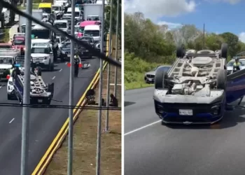Aparatosa volcadura genera tráfico sobre Boulevard Colosio en Cancún