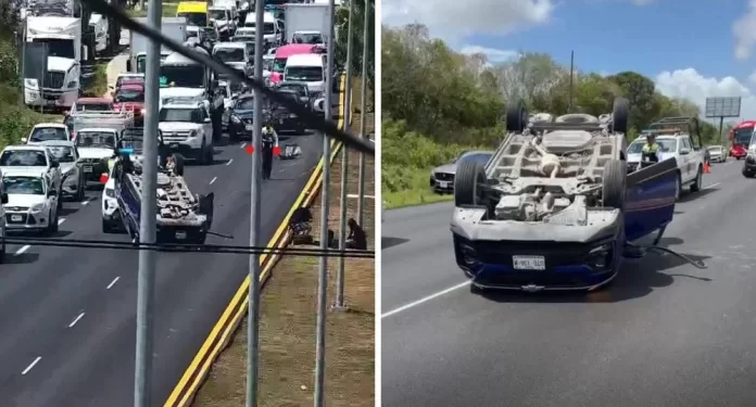 Aparatosa volcadura genera tráfico sobre Boulevard Colosio en Cancún