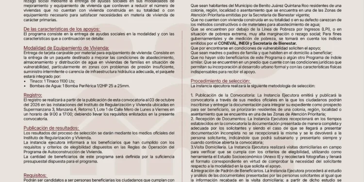 Abre Ayuntamiento de Benito Juarez convocatoria para programa de Autoconstrucción de Vivienda